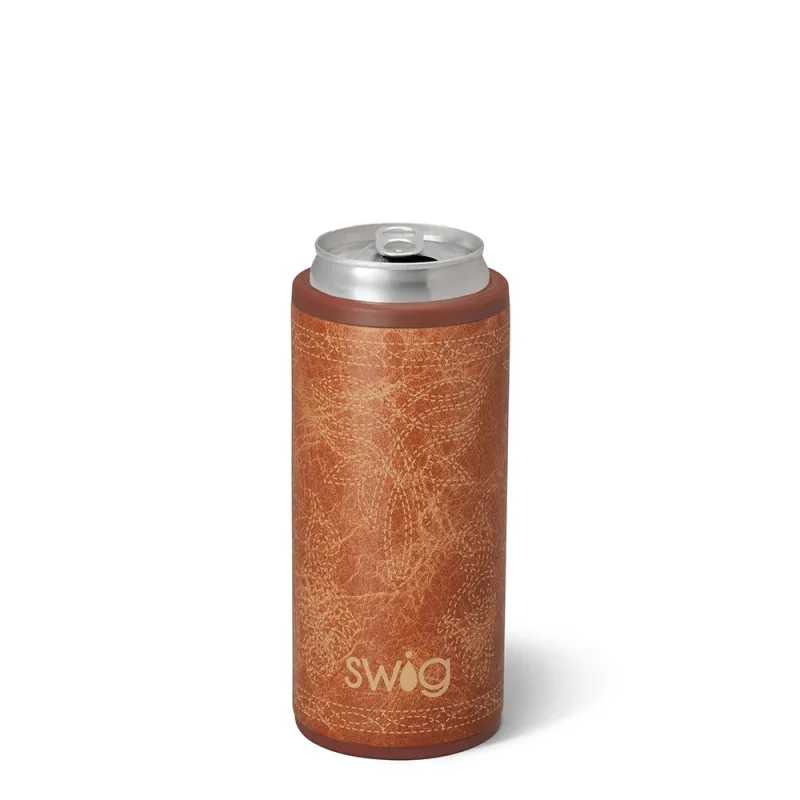 Saddle Stitch Cognac 스키니 캔 쿨러 12oz